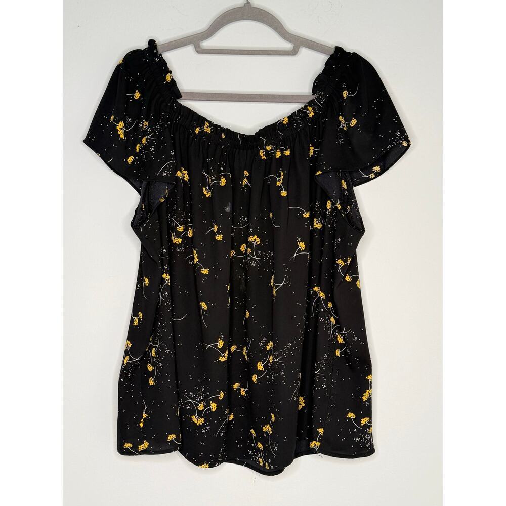 CeCe Black Yellow Floral Boat Neck CapSleeve Peasant Top 2X Coquette Cottagecore